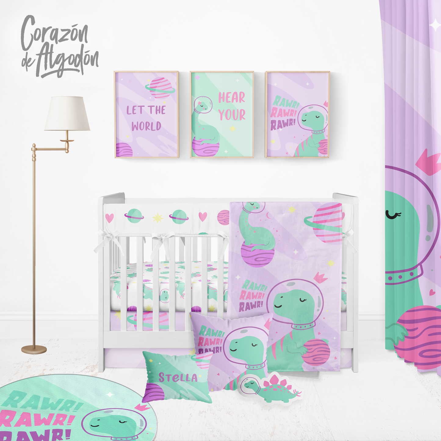 Girl Astronaut Dino Crib Bedding Set