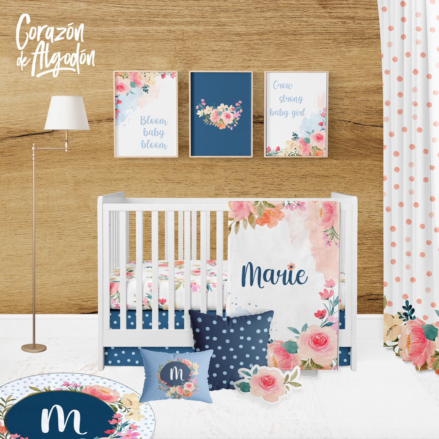 Blue Navy Floral Crib Bedding Set