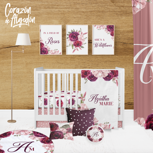 Burgundy Flowers Crib Bedding Set