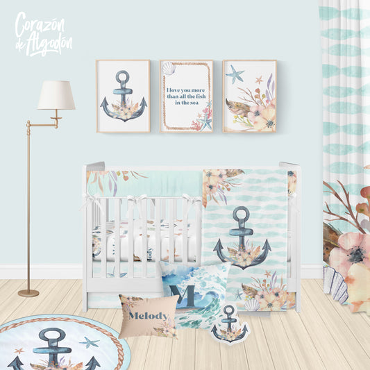 Floral Anchor Crib Bedding Set