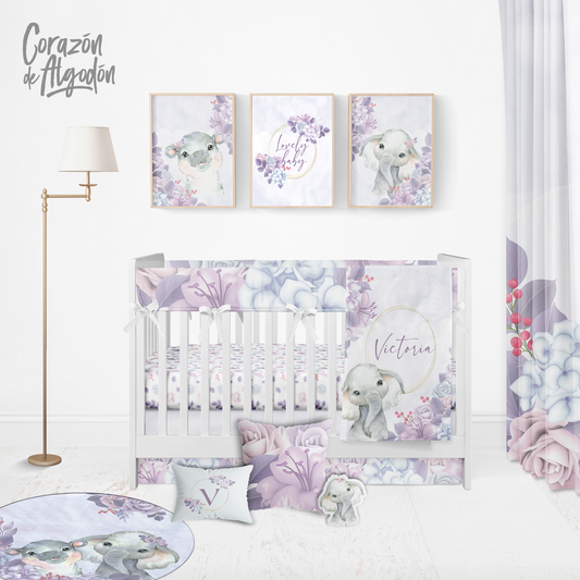 Lilac Elephant Crib Bedding Set